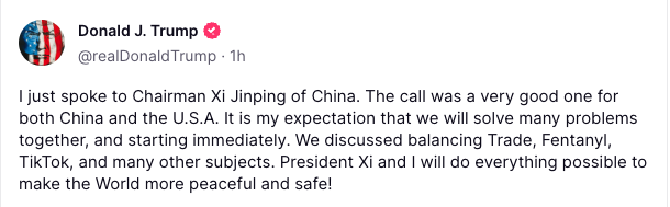 Truth social post from Trump on his recent call with Xi Jinping